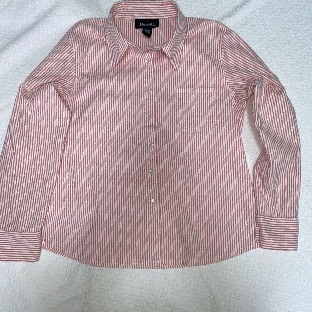 Denim & Co. Pink Striped Dobby Texture Button Down Coastal Shirt M